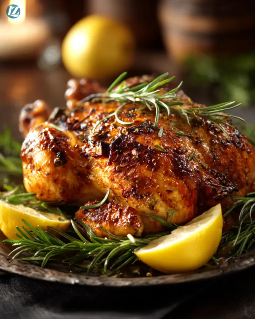 Juicy rotisserie chicken served whole with garnish