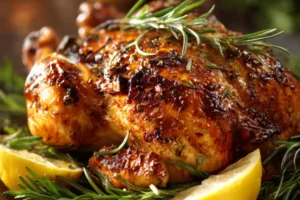 Juicy rotisserie chicken served whole with garnish