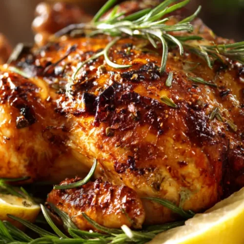 Juicy rotisserie chicken served whole with garnish