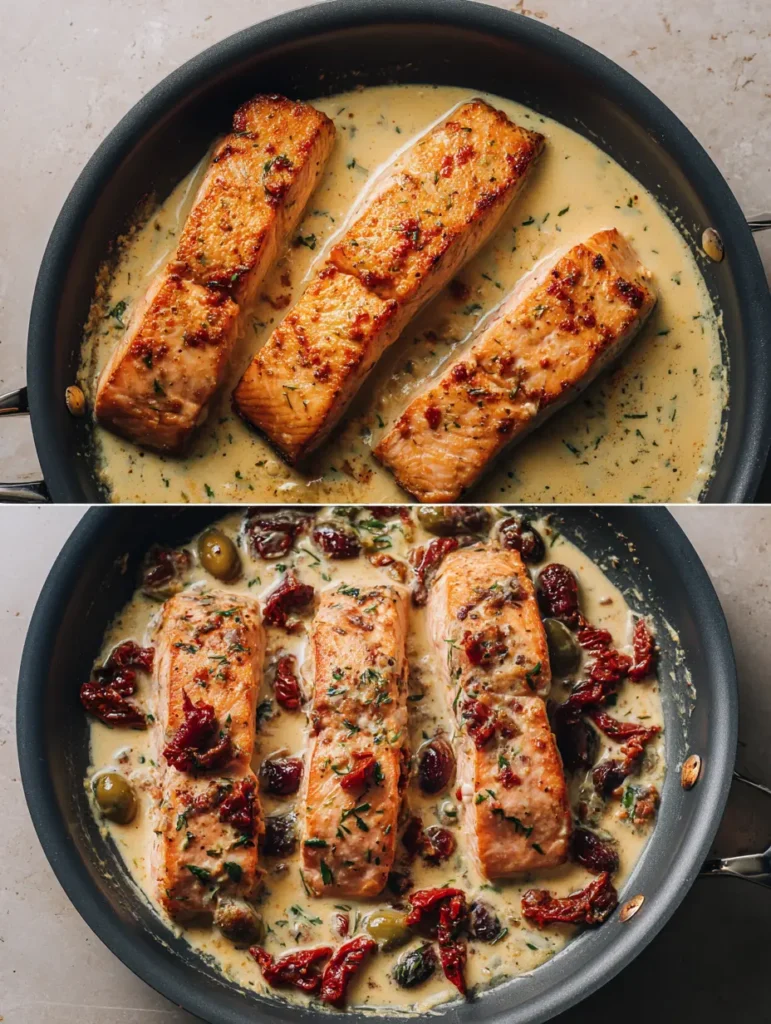 Keto Tuscan Salmon Recipe for Easy Weeknight Comfort 2 Keto Tuscan Salmon cooking steps collage