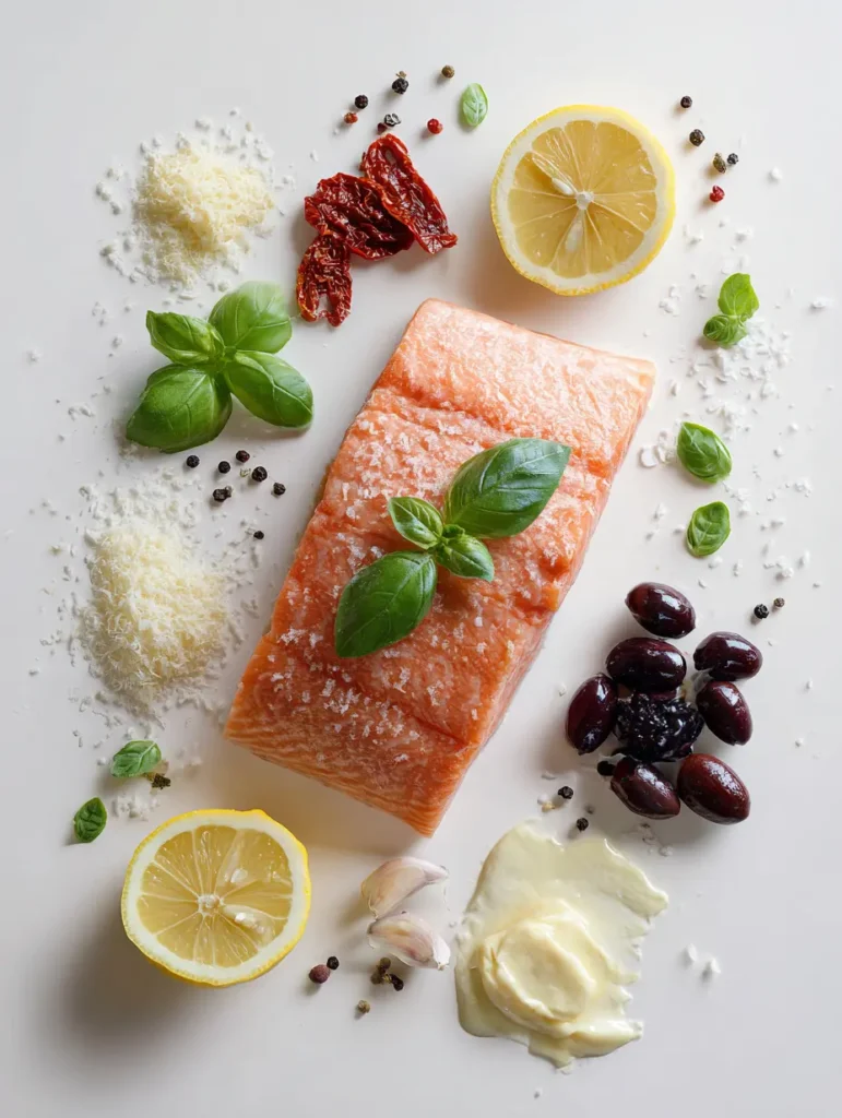 Keto Tuscan Salmon Recipe for Easy Weeknight Comfort 3 Keto Tuscan Salmon ingredients laid out on table