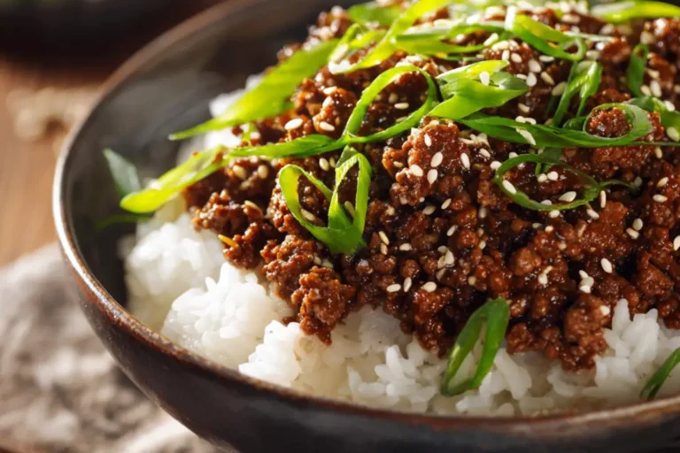 Korean ground beef served over rice with sesame seeds