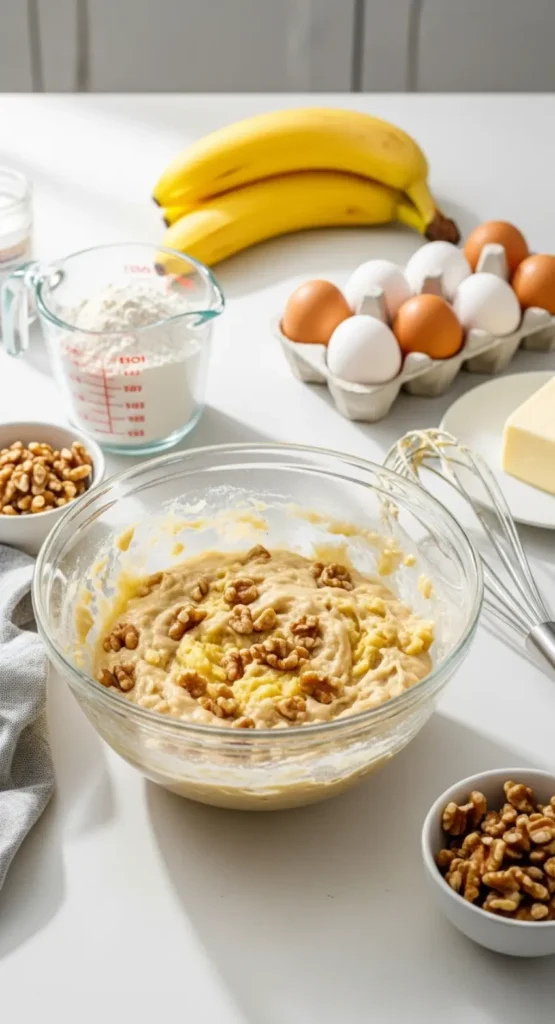 Easy Banana Nut Bread Recipe for Weeknight Comfort 8 Mixing Banana Nut Bread batter with walnuts