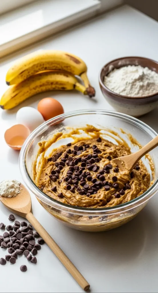 Mixing Chocolate Chip Banana Bread Batter in a bowl