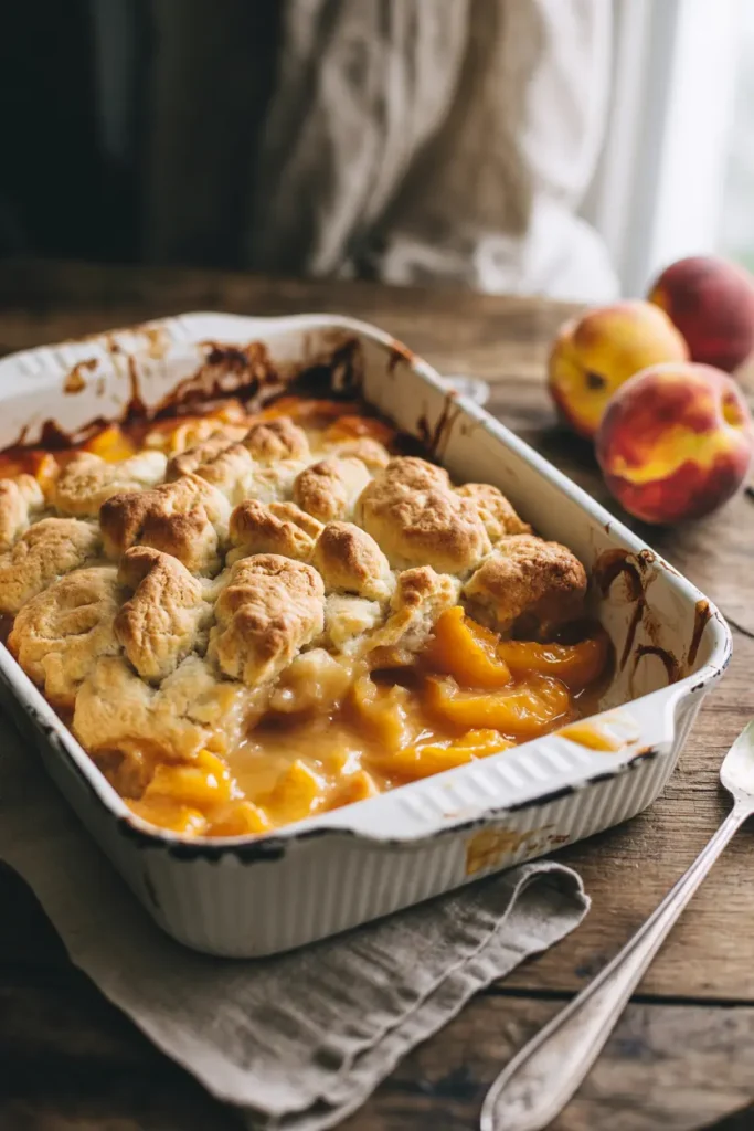 Easy Peach Cobbler Without a Mix (Just Old-Fashioned Goodness) 2 easy peach cobbler without a mix Rustic close-up of baked peach cobbler in white dish with peach filling bubbling