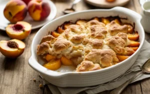 Golden peach cobbler fresh from the oven in white baking dish with peaches on side