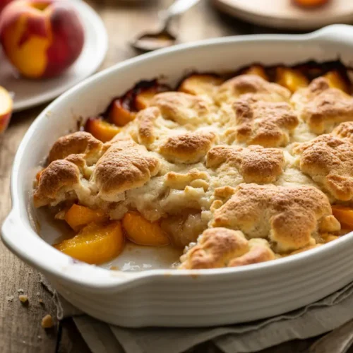 Easy Peach Cobbler Without a Mix (Just Old-Fashioned Goodness) 5 Golden peach cobbler fresh from the oven in white baking dish with peaches on side