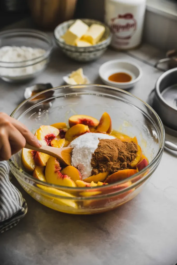 Easy Peach Cobbler Without a Mix (Just Old-Fashioned Goodness) 3 Bowl of fresh peach slices mixed with sugar and cinnamon by hand
