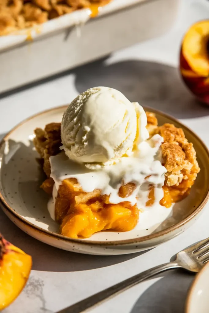 Easy Peach Cobbler Without a Mix (Just Old-Fashioned Goodness) 4 Peach cobbler slice topped with vanilla ice cream melting onto the filling