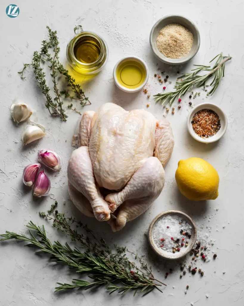 Rotisserie chicken recipe ingredients neatly arranged