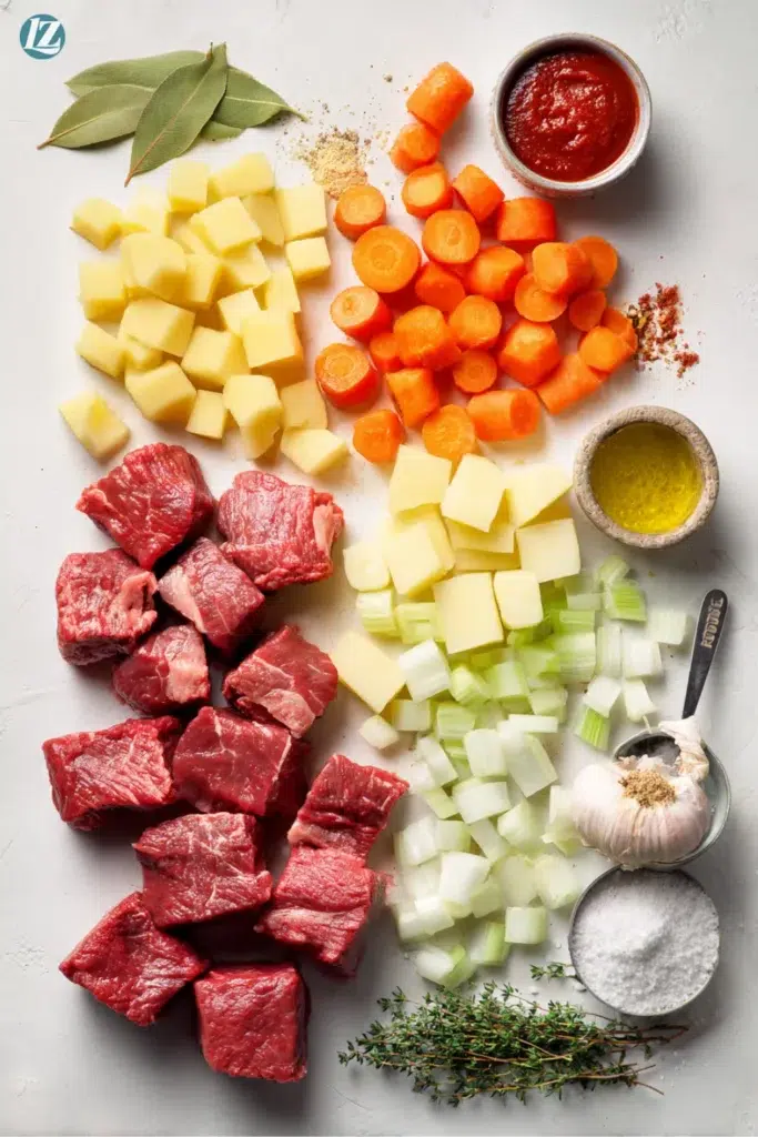 Slow Cooker Beef Stew That Feels Like a Cozy, Golden Embrace 2 Slow Cooker Beef Stew That Feels Like a Cozy, Golden Embrace ingredients on a board