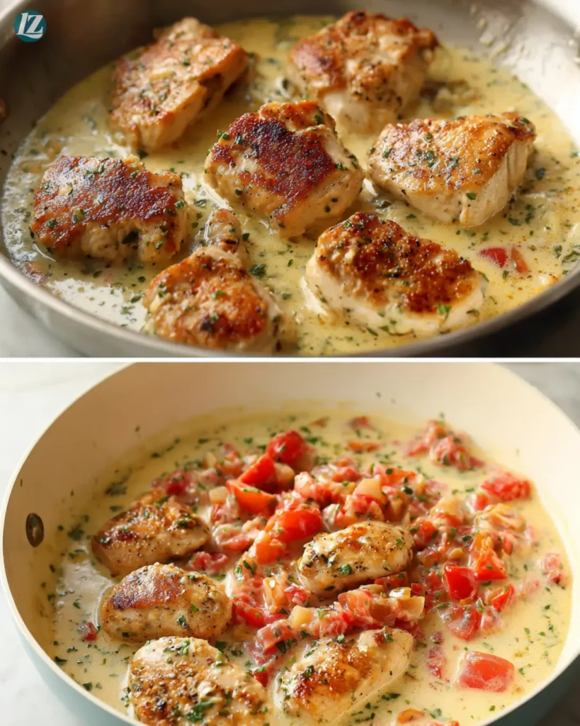 Step by step creamy Tuscan garlic chicken prep collage
