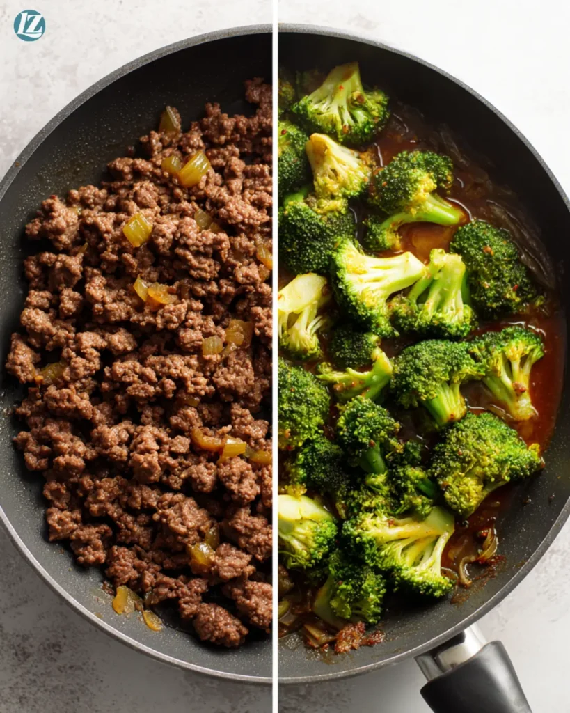 Step by step ground beef and broccoli cooking collage