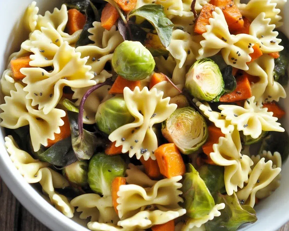 Fall Pasta Salad with roasted butternut squash, cranberries, and seasonal vegetables.