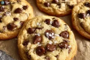Freshly baked award winning soft chocolate chip cookies on a cooling rack.