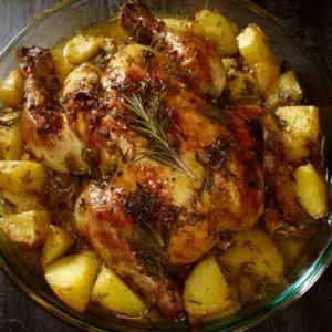 Baked chicken thighs with roasted potatoes served on a plate