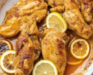 Delicious Baked Lemon Pepper Chicken served on a plate, garnished with lemon slices.