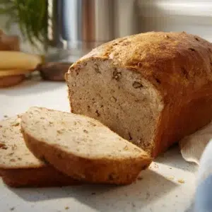 Freshly baked Banana Nut Bread with walnuts on a wooden cutting board