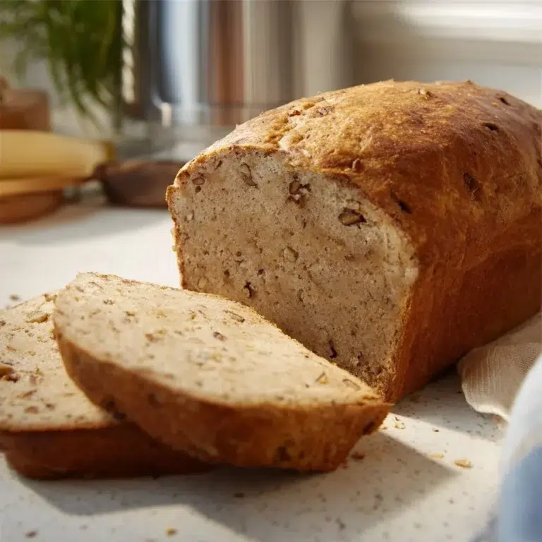 Freshly baked Banana Nut Bread with walnuts on a wooden cutting board