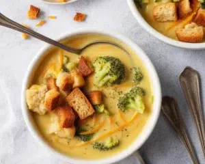 Creamy broccoli cheddar soup served in a bowl with fresh toppings.
