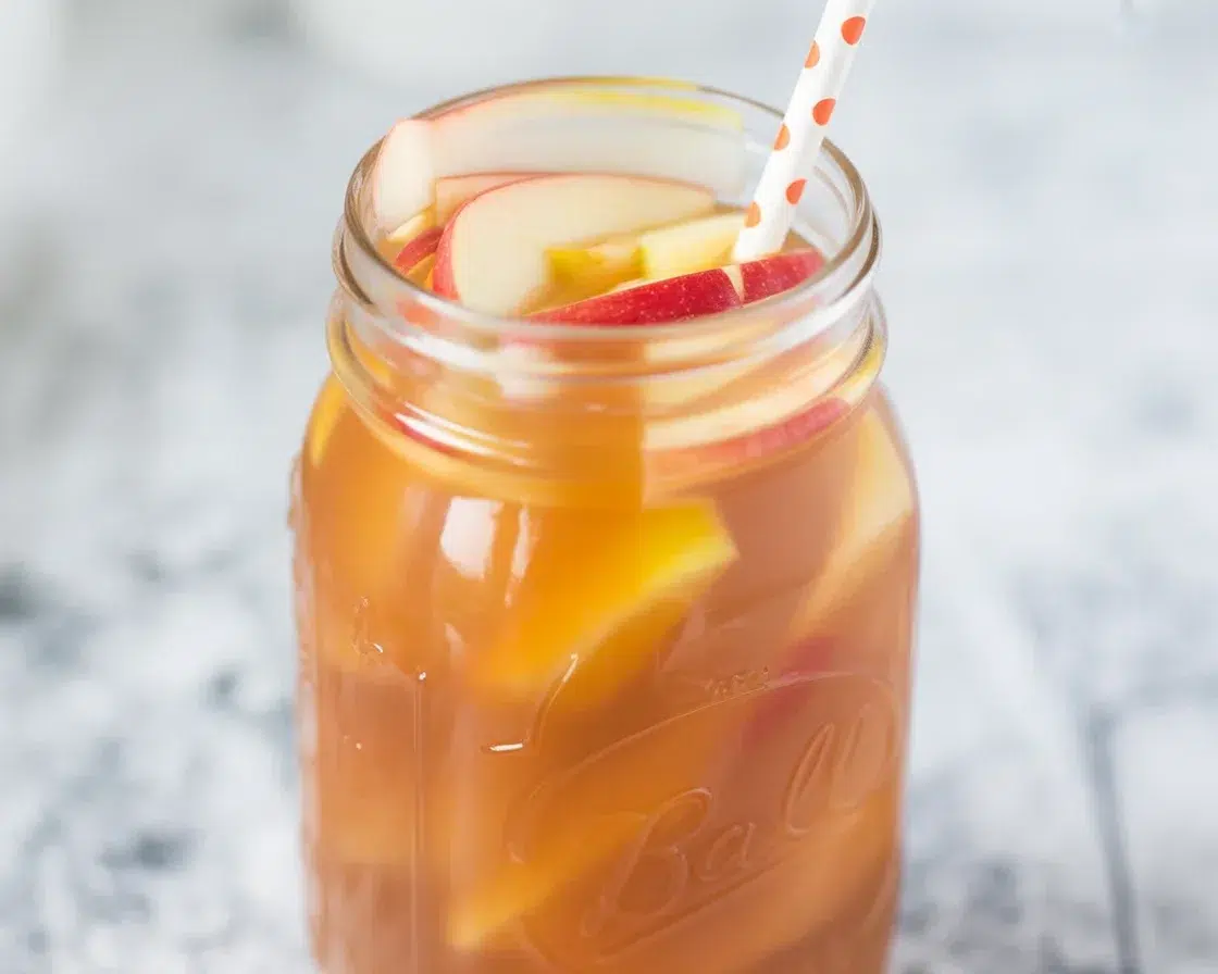 Delicious caramel apple sangria served in a festive glass, garnished with apple slices.
