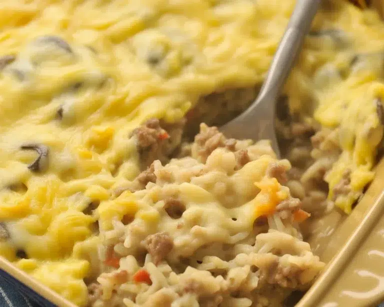 Cheesy ground beef casserole with rice and melted cheese in a baking dish
