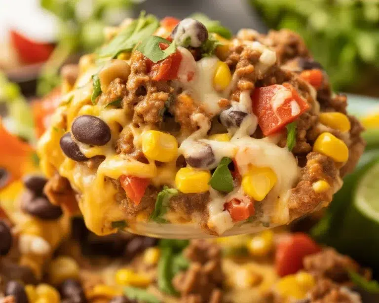 Delicious cheesy taco casserole with ground beef, cheese, and tortillas