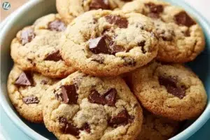 Batch of chewy chocolate chip cookies cooling on a wire rack