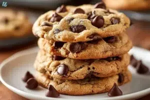 Freshly baked chewy chocolate chip cookies on a cooling rack.
