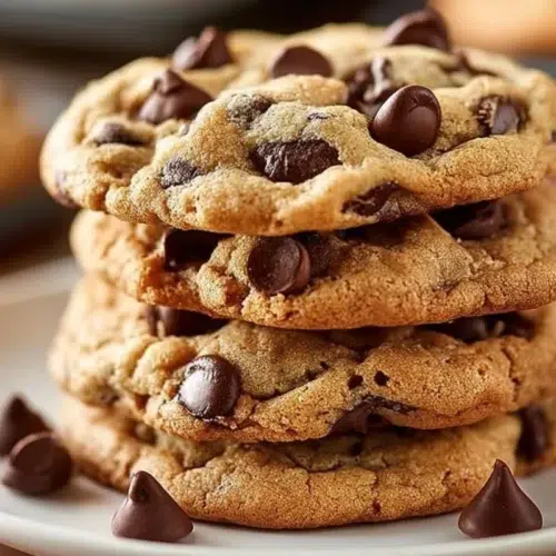 Chewy Chocolate Chip Cookies 4 Freshly baked chewy chocolate chip cookies on a cooling rack.