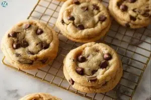 Freshly baked chewy chocolate chip cookies on a cooling rack