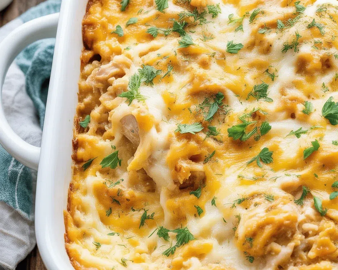 Delicious chicken and rice casserole topped with melted cheese and vegetables