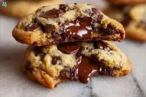 Freshly baked chocolate chip cookies on a cooling rack