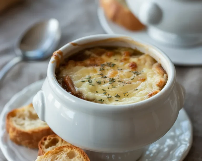 Bowl of classic French Onion Soup topped with melted cheese and crusty bread.