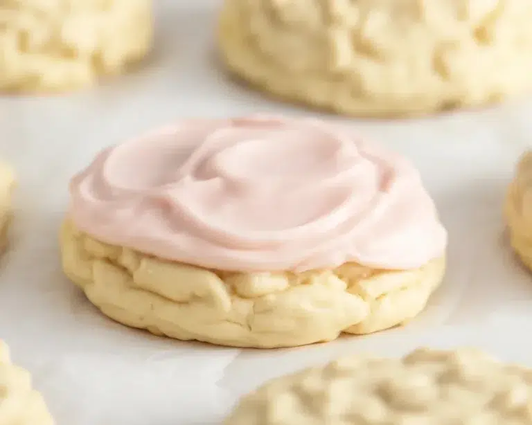 Delicious cream cheese cookie frosting spread on freshly baked sugar cookies