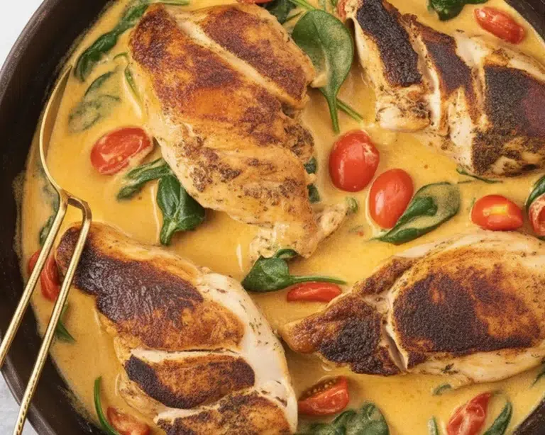 Creamy Tuscan chicken served with spinach and sun-dried tomatoes in a rich Parmesan sauce.