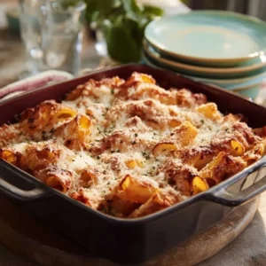 Easy Baked Ziti Recipe for Cheesy Weeknight Comfort 5 Easy baked ziti topped with melted cheese and fresh herbs in a baking dish
