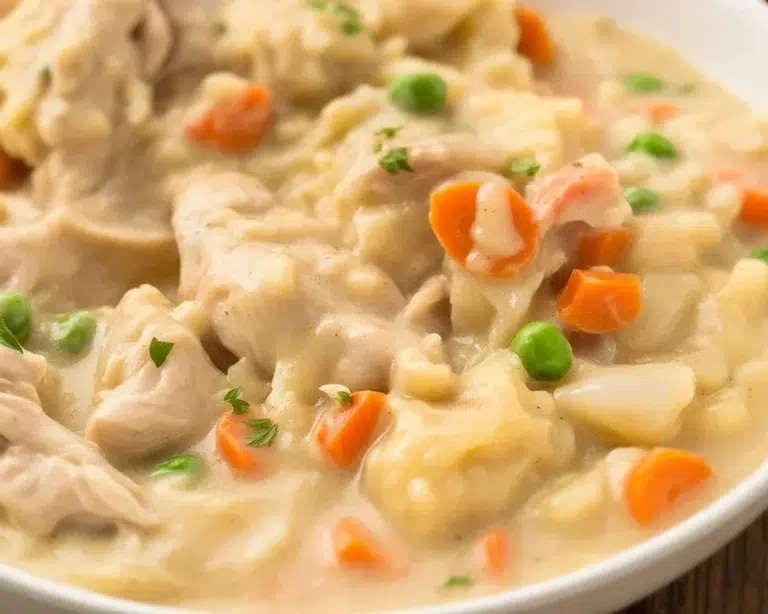 Delicious crockpot chicken and dumplings with tender chicken and fluffy biscuits