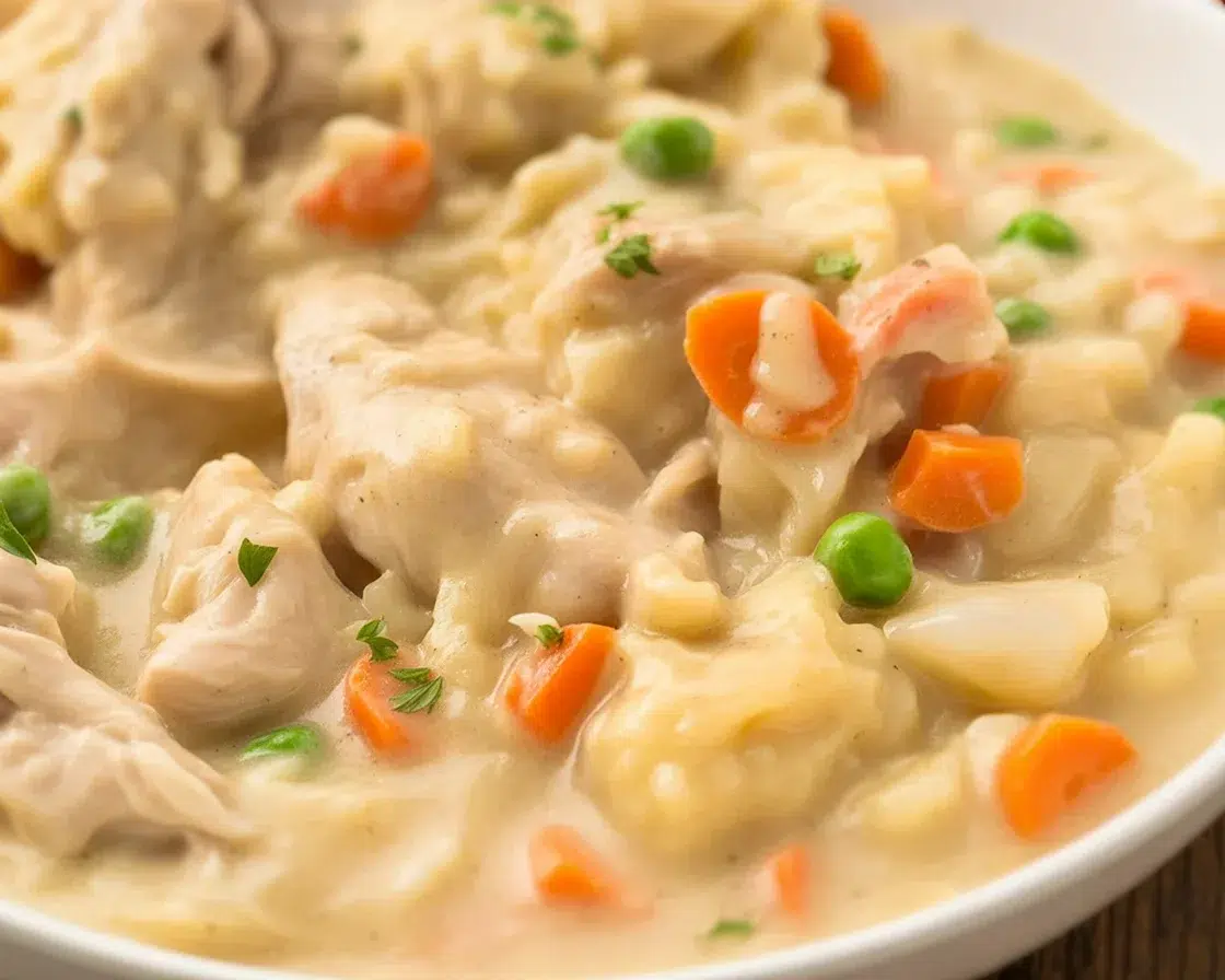 Delicious crockpot chicken and dumplings with tender chicken and fluffy biscuits
