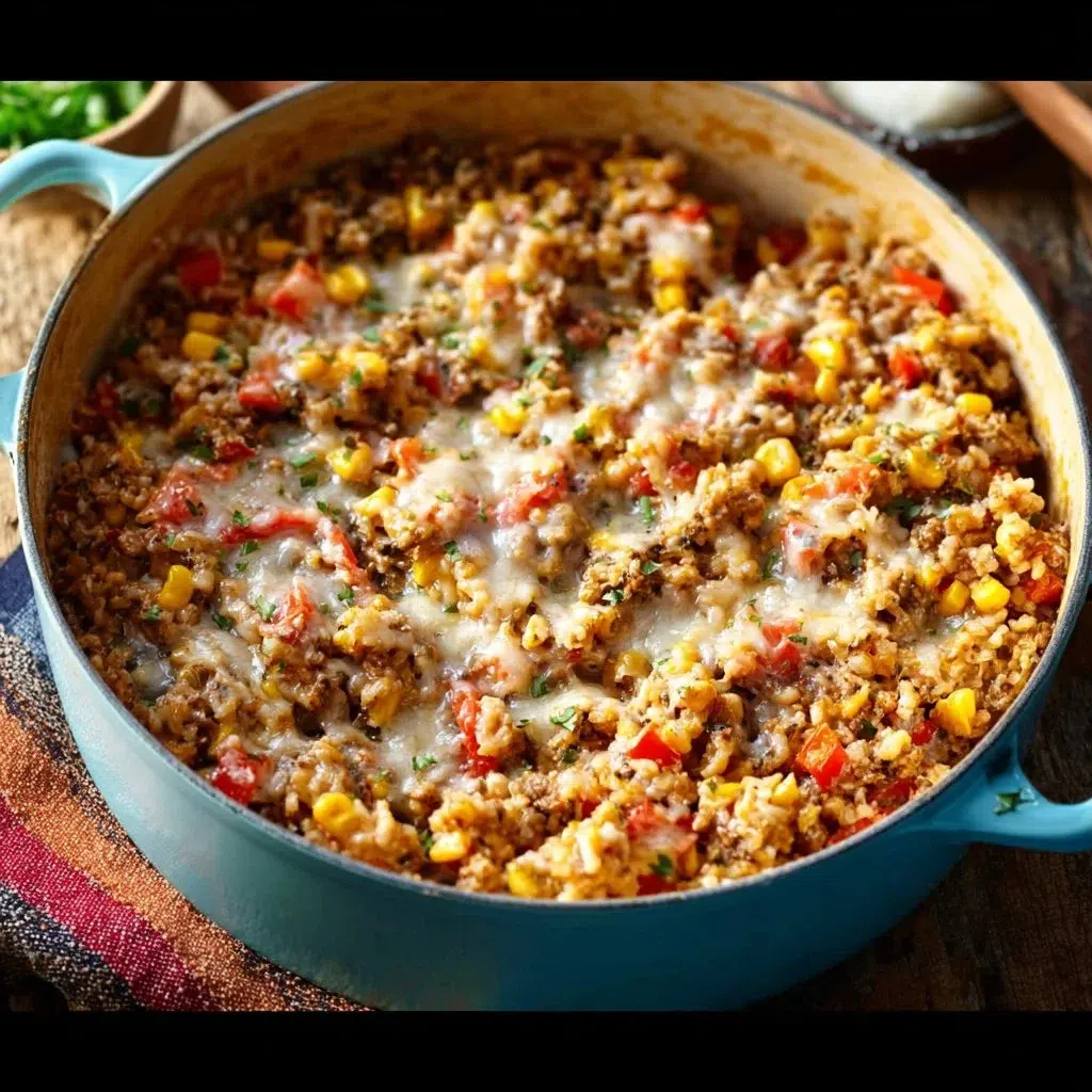 Ground beef and rice skillet dish, featuring seasoned beef and vegetables.