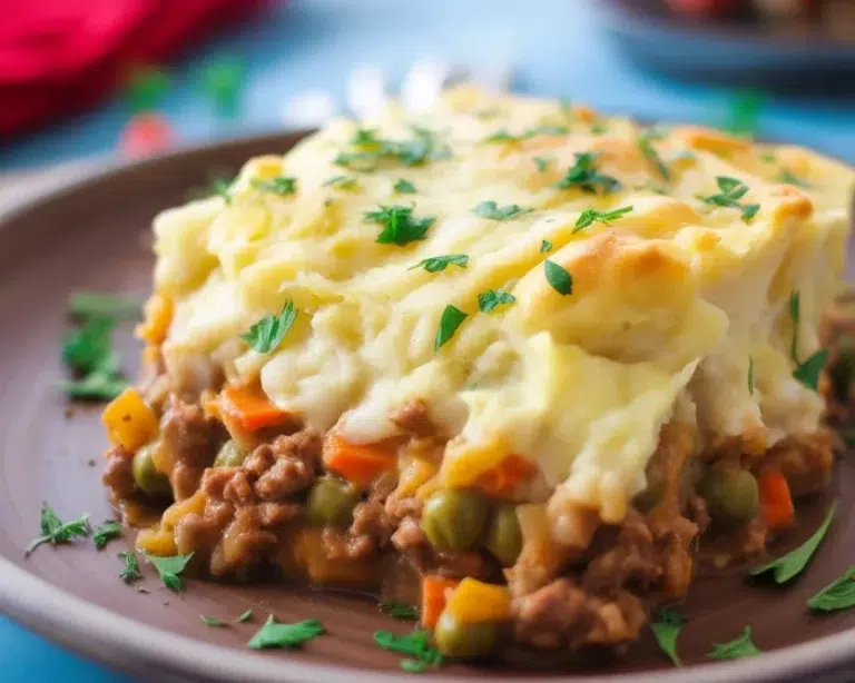 Delicious Ground Beef Shepherd's Pie topped with creamy mashed potatoes and cheese.