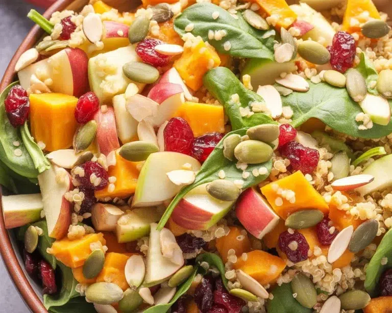 Delicious Harvest Quinoa Salad with butternut squash, apples, and cranberries.