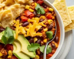 Bowl of healthy turkey chili with beans and vegetables, perfect for a cozy meal