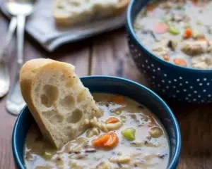 A bowl of creamy Crockpot Chicken Wild Rice Soup filled with tender chicken and vegetables.