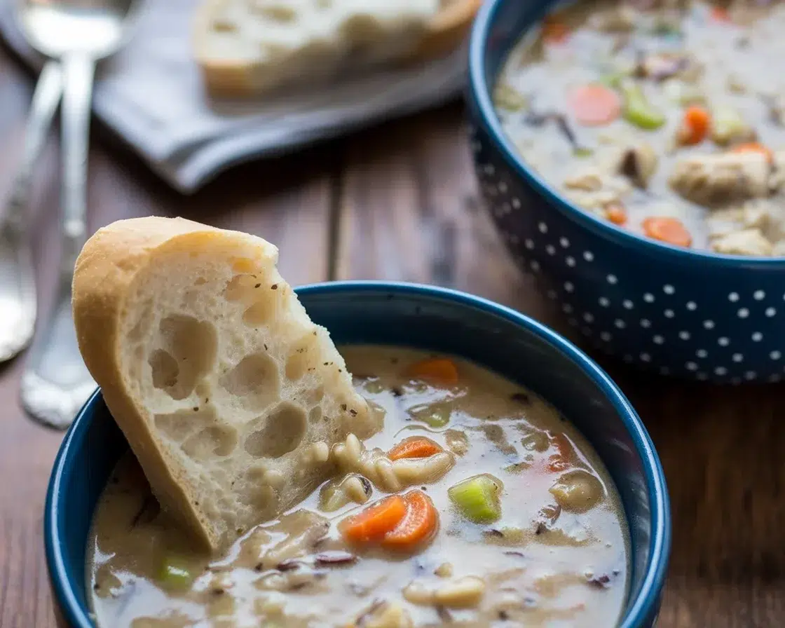 A bowl of creamy Crockpot Chicken Wild Rice Soup filled with tender chicken and vegetables.