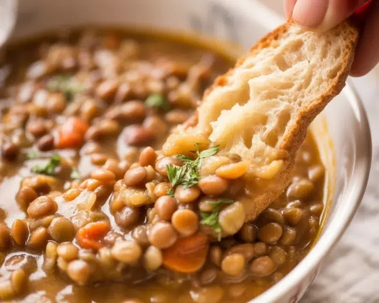 A bowl of healthy lentil soup garnished with herbs and spices, showcasing its nutritious ingredients.