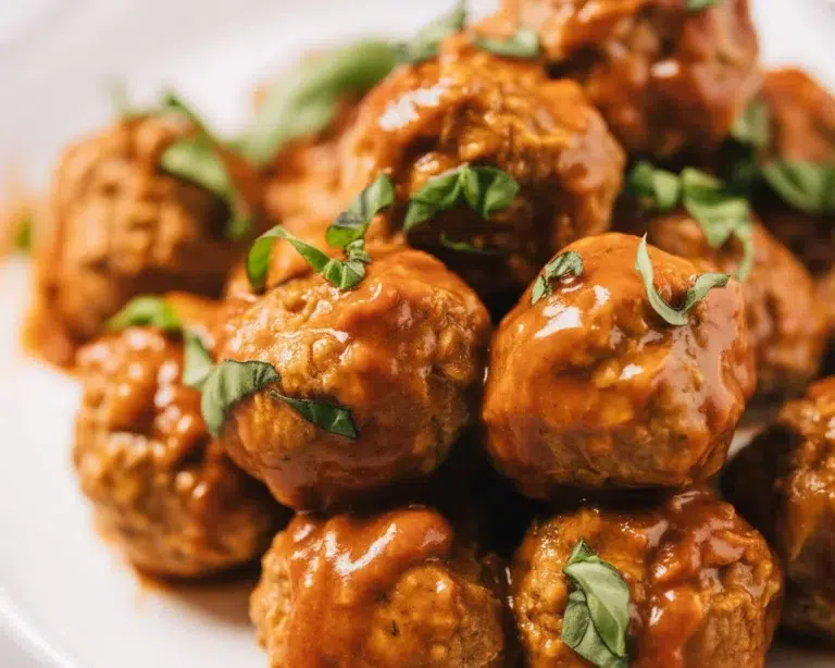 Healthy turkey meatballs served with tomato sauce and fresh herbs.