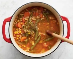 Bowl of hearty vegetable barley soup with colorful vegetables and pearled barley