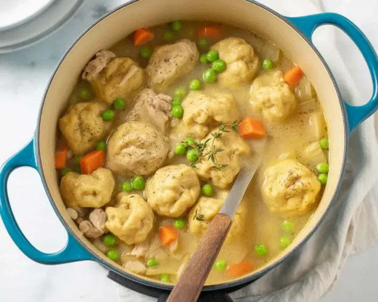 A bowl of homestyle chicken and dumplings with tender chicken in creamy broth and fluffy dumplings.