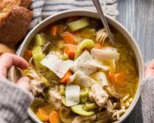 Homestyle Chicken Noodle Soup with vegetables, chicken, noodles, and savory broth